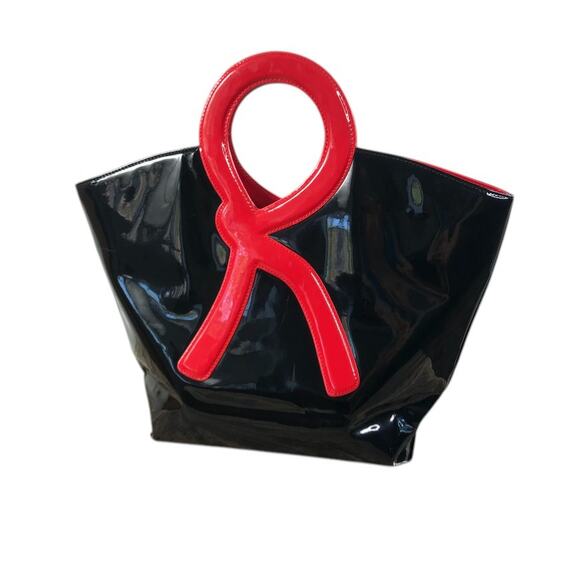ROBERTA DI CAMERINO VTG Patent Leather Handbag Black Red Unique Boho Retro Rare - Picture 2 of 12